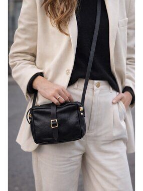 Clare V Vivier Black Leather Crossbody Bag Small Gold Buckle Minimalist Purse